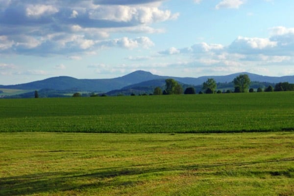 Grüne Felder und Hügel des Zittauer Gebirges im Sommer